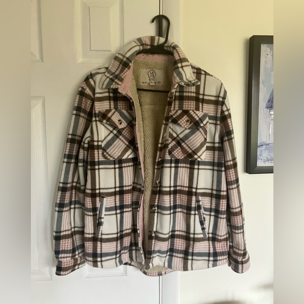 Sage Collective Plaid Women's Jacket with Pink and Brown Accents S